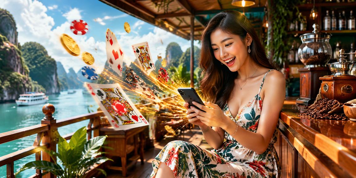 Vịnh Hạ Long thanh bình, người chơi thư giãn bên ly cà phê và trò chơi bài trong không gian cân bằng