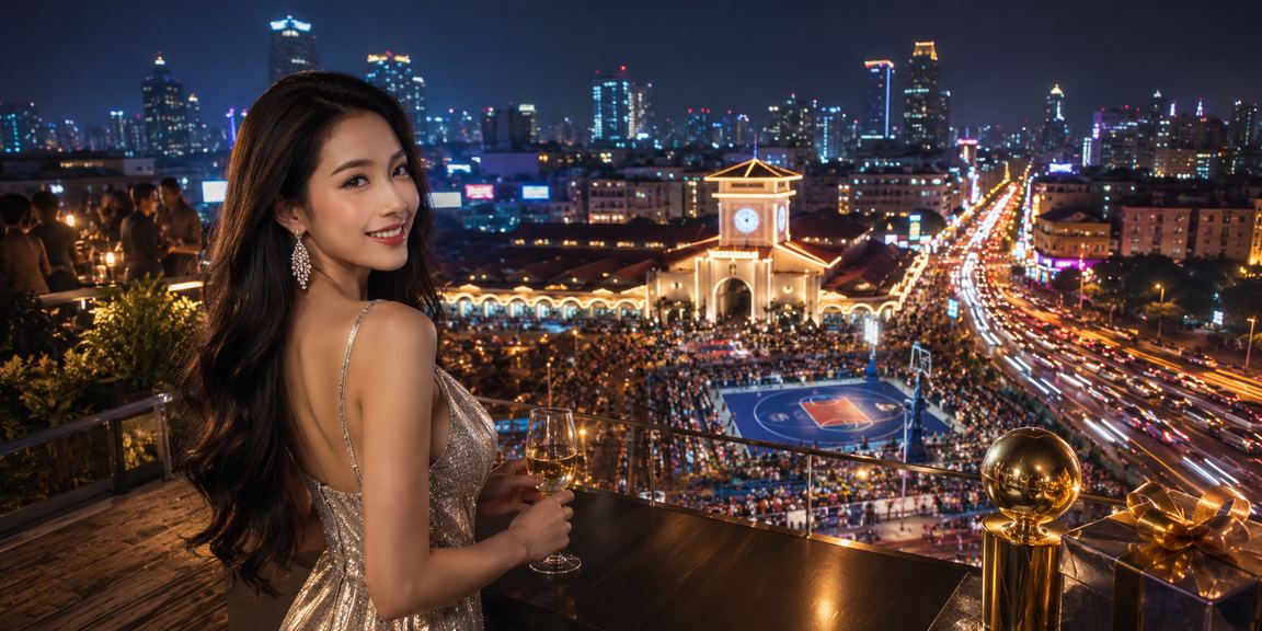 Khung cảnh TP. Hồ Chí Minh về đêm với ánh đèn neon, người dùng theo dõi kết quả bóng rổ trên điện thoại