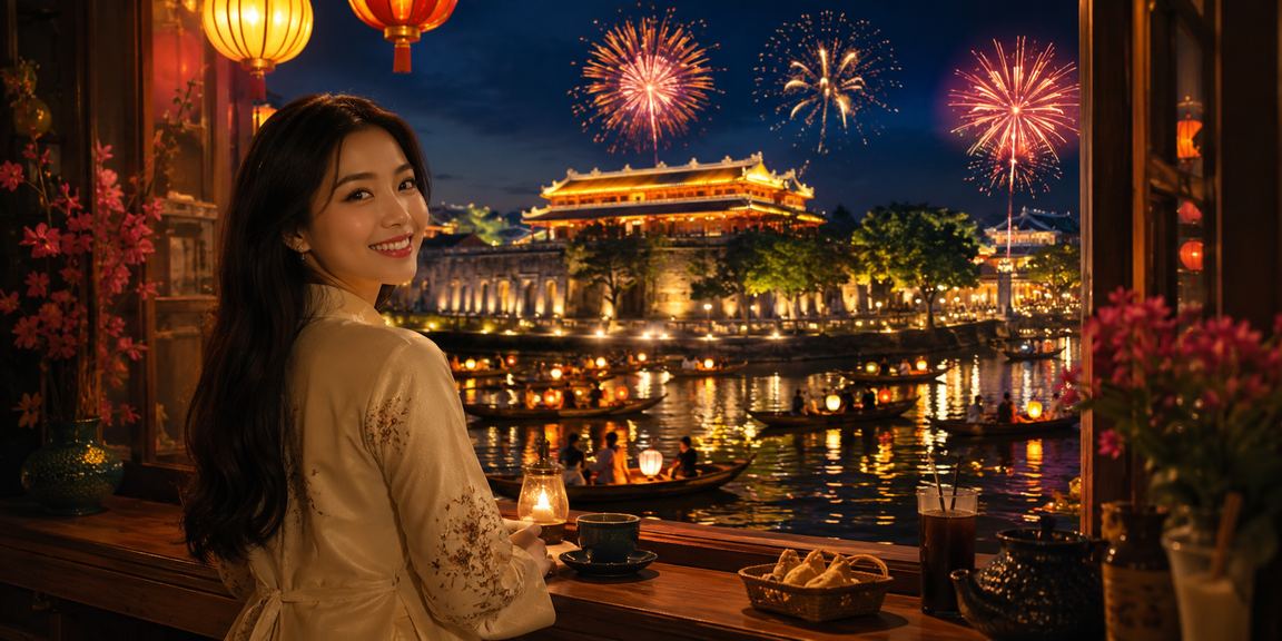 Người dùng tại Huế ngồi uống cà phê và kiểm tra thông tin giao dịch tài chính trực tuyến