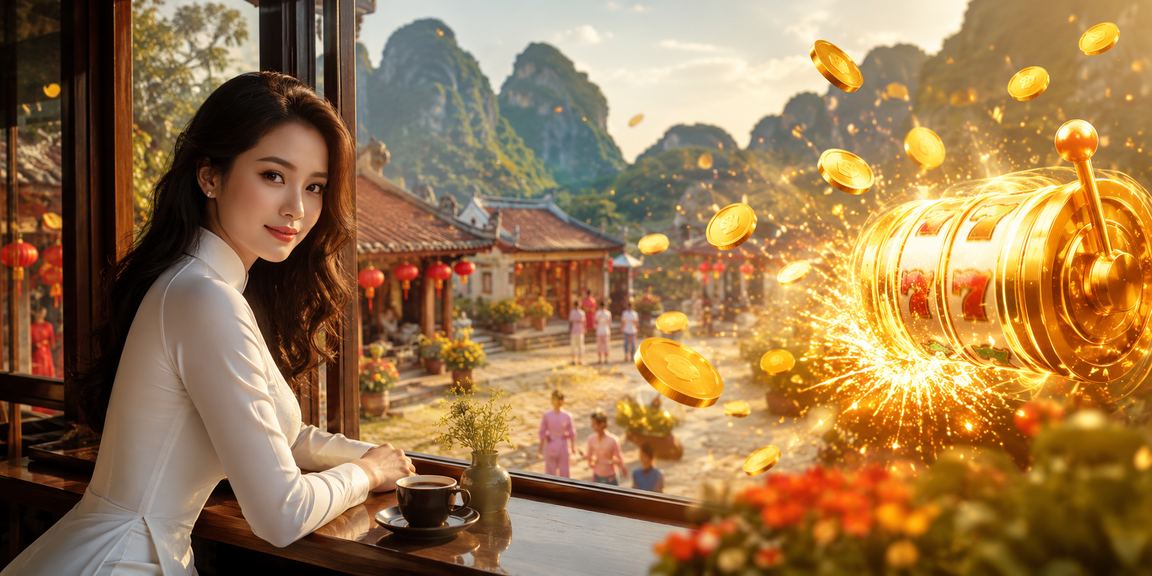 Cô gái mặc áo dài tại Ninh Bình chơi slot game trên điện thoại với phong cảnh đồng quê