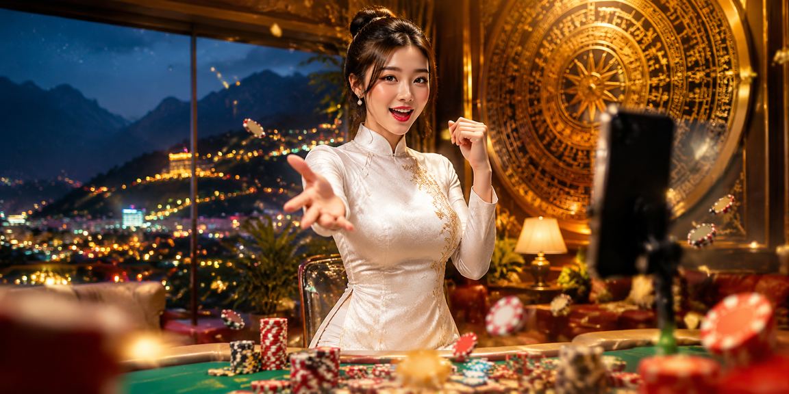 Cô gái mặc áo dài truyền thống tại Sapa cầm điện thoại thực hiện giao dịch cá cược trực tuyến